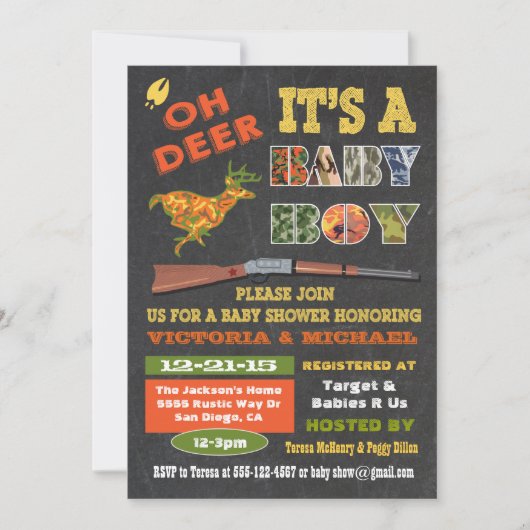 Oh Deer Chalkboard Camo Baby shower Uitnodiging (Voorkant)