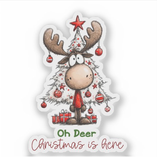 Oh Deer Christmas Is Here Cute Reindeer Christmas Sticker (Voorkant)