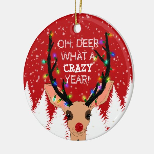 Oh Deer Crazy Year Reindeer Licht Kerstmis Snowy Keramisch Ornament (Links)