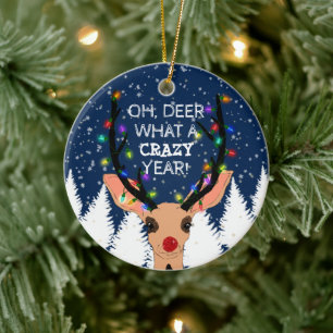 Oh Deer Crazy Year Reindeer Licht Kerstmis Snowy Keramisch Ornament