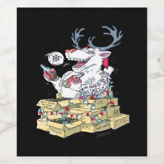 Oh Deer Drunk Reindeer Celebrating Christmas Festi Wijn Etiket (Enkel label)