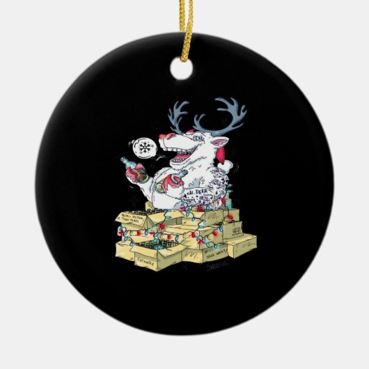 Oh Deer Drunk Reindeer Celebrating ChristmOrnament Keramisch Ornament (Voorkant)