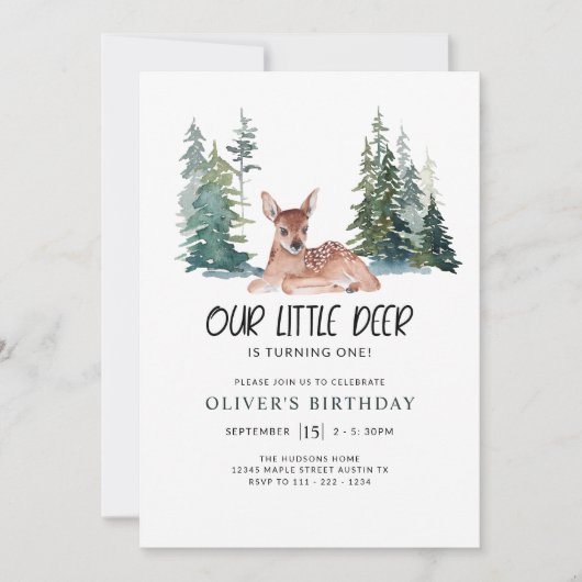 Oh Deer First Birthday Party Woodland Pine Kaart (Voorkant)