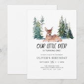 Oh Deer First Birthday Party Woodland Pine Kaart (Voorkant / Achterkant)