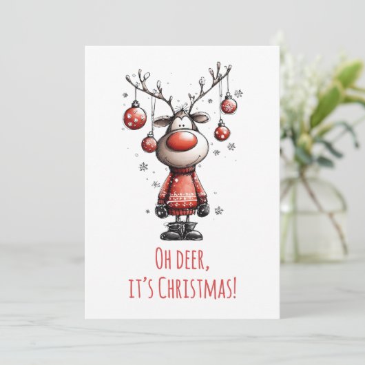 Oh Deer Funny Reindeer Christmas Card Feestdagenkaart (Staand voorkant)