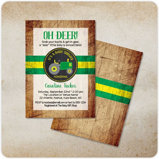 Oh Deer Green Tractor Baby shower Uitnodiging