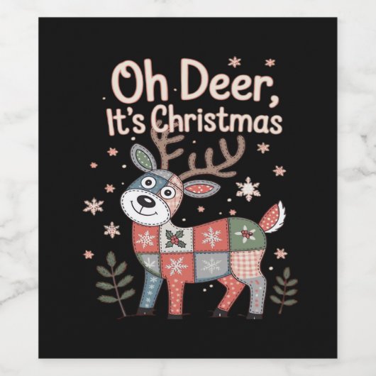 Oh Deer Its Christmas Miniature Patchwork Squares Wijn Etiket (Enkel label)