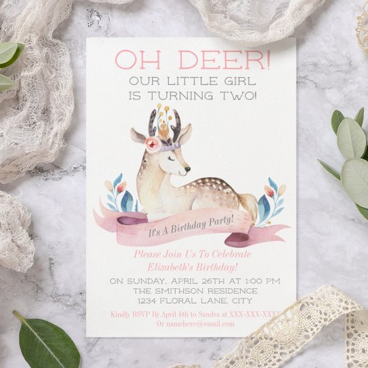Oh Deer Little Girl Second Birthday Party Pink Kaart