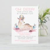 Oh Deer Little Girl Second Birthday Party Pink Kaart (Staand voorkant)