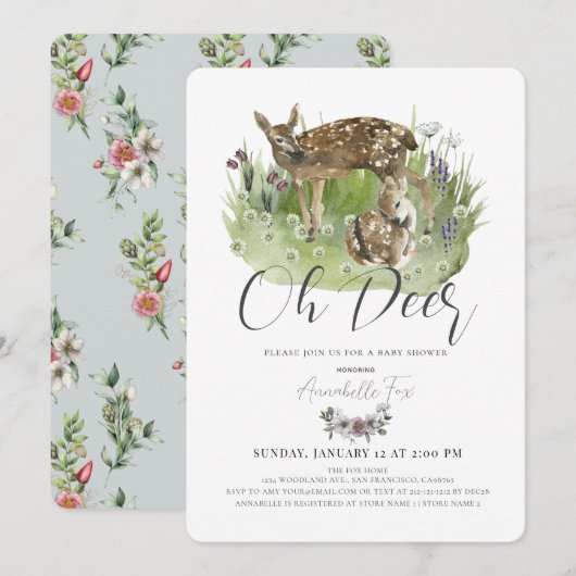 Oh Deer mama en Fawn Floral Boy Baby shower Kaart (Voorkant / Achterkant)