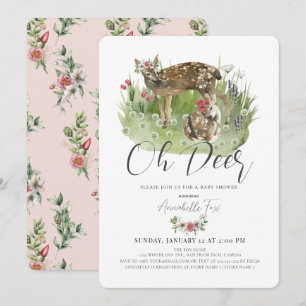 Oh Deer mama & Fawn Pink Floral Girl Baby shower Kaart
