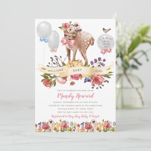 Oh Deer Meisje Baby shower Kaart (Staand voorkant)