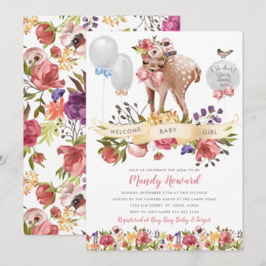 Oh Deer Meisje Baby shower Kaart (Voorkant / Achterkant)