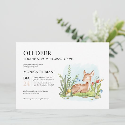 Oh Deer Modern Minimalist Girl Baby shower Kaart (Staand voorkant)