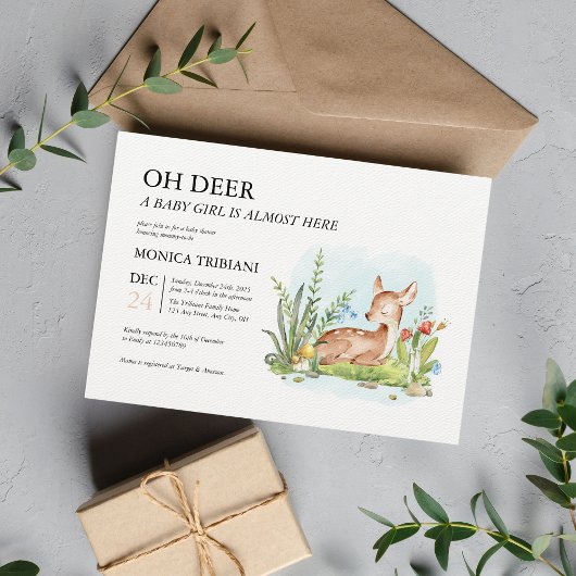 Oh Deer Modern Minimalist Girl Baby shower Kaart