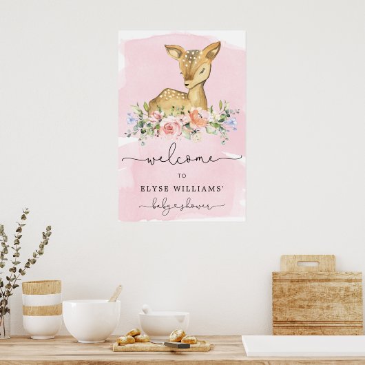 Oh Deer Pink Baby shower Welkomstbord Poster (Keuken)