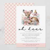 Oh Deer Pink Bows Woodland Forest Baby shower Kaart (Voorkant / Achterkant)