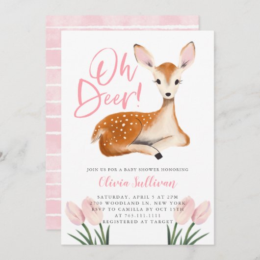 Oh Deer Pink Floral Baby shower Kaart (Voorkant / Achterkant)