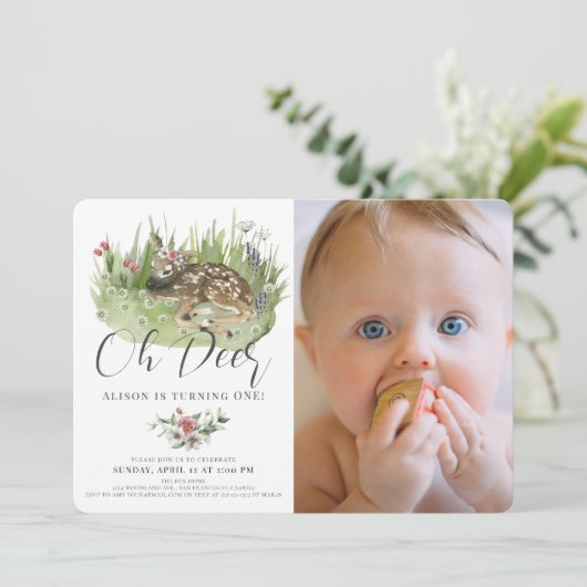 Oh Deer Pink Floral Girl Foto 1e verjaardag Kaart (Staand voorkant)