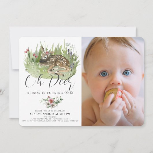 Oh Deer Pink Floral Girl Foto 1e verjaardag Kaart (Voorkant)