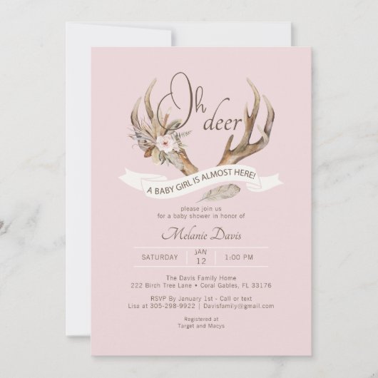 Oh Deer Pink Woodland Baby shower Uitnodiging - Bo (Voorkant)