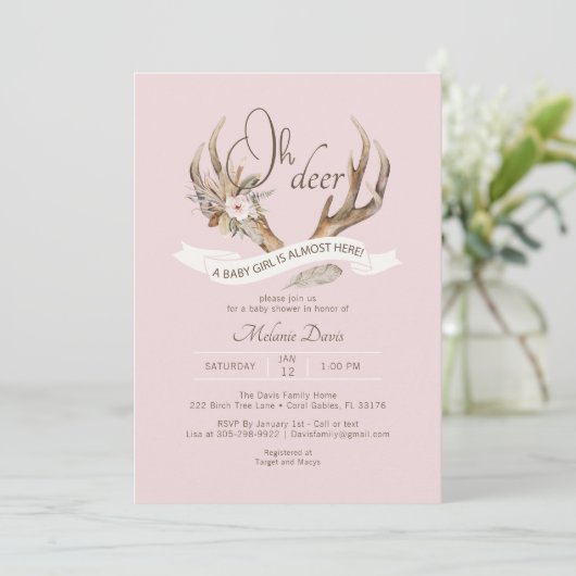 Oh Deer Pink Woodland Baby shower Uitnodiging - Bo (Staand voorkant)