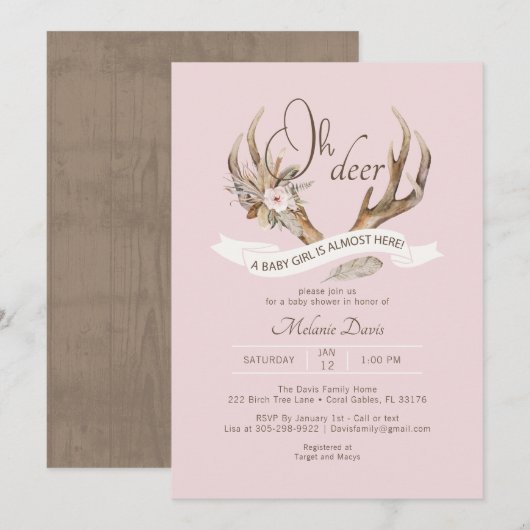 Oh Deer Pink Woodland Baby shower Uitnodiging - Bo (Voorkant / Achterkant)
