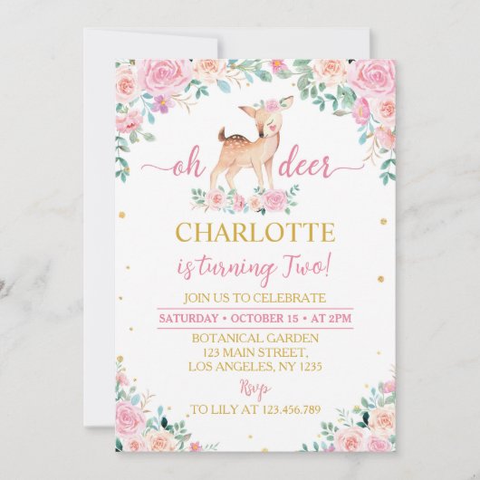 Oh Deer Roze Bloemen 2e verjaardag Uitnodiging (Voorkant)