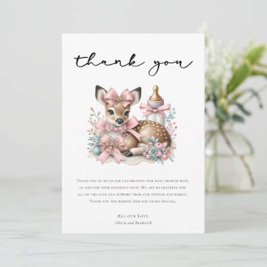 Oh Deer! Roze Bloemen Baby shower Dank u Kaart (Staand voorkant)