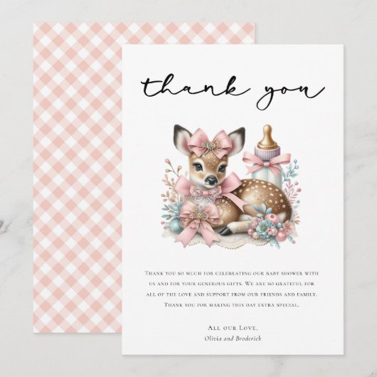 Oh Deer! Roze Bloemen Baby shower Dank u Kaart (Voorkant / Achterkant)