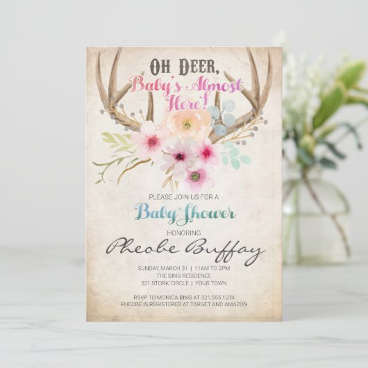 Oh Deer Rustic Baby shower Uitnodiging (Staand voorkant)