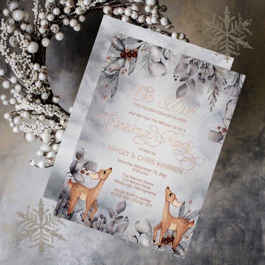 Oh Deer Rustic Winter Bloemstuk Prettig Kerstfeest Folie Uitnodiging