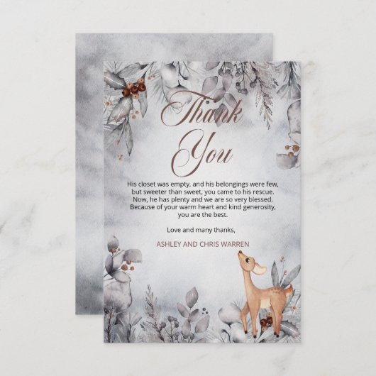 Oh Deer Rustic Winter Floral Baby shower Bedankkaart (Voorkant / Achterkant)