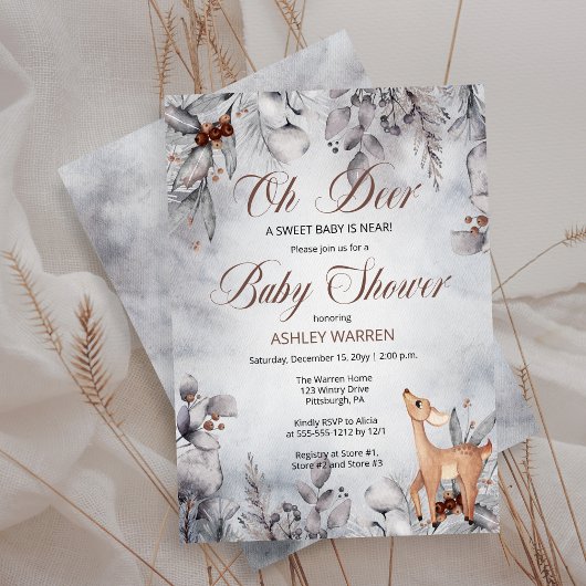 Oh Deer Rustic Winter Floral Baby shower Kaart