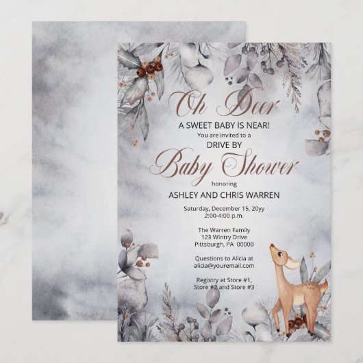 Oh Deer Rustic Winter Floral drive by Baby shower Kaart (Voorkant / Achterkant)