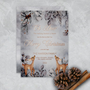 Oh Deer Rustic Winter Floral Merry Kerstmis Folie Feestdagenkaart