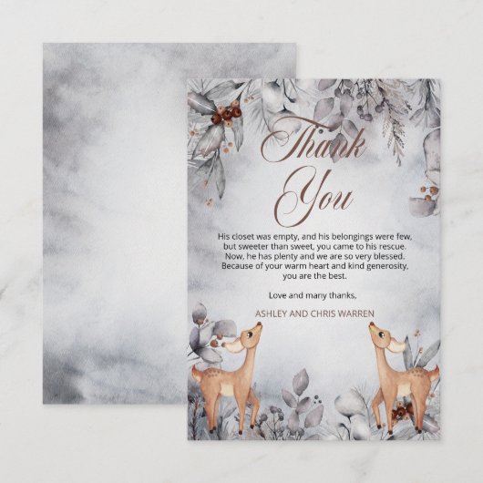 Oh Deer Rustic Winter Floral Twins Baby shower Bedankkaart (Voorkant / Achterkant)