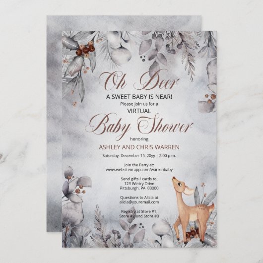 Oh Deer Rustic Winter Floral Virtueel Baby shower  Kaart (Voorkant / Achterkant)