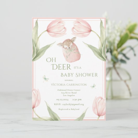 Oh Deer Tulips Pink Baby Shower Kaart (Staand voorkant)