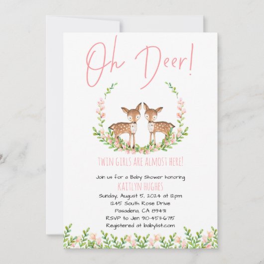 Oh Deer Twin Meisjes Baby shower Kaart (Voorkant)