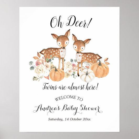 Oh Deer Twins Pumpkin Baby Shower Welcome Sign Poster (Voorkant)