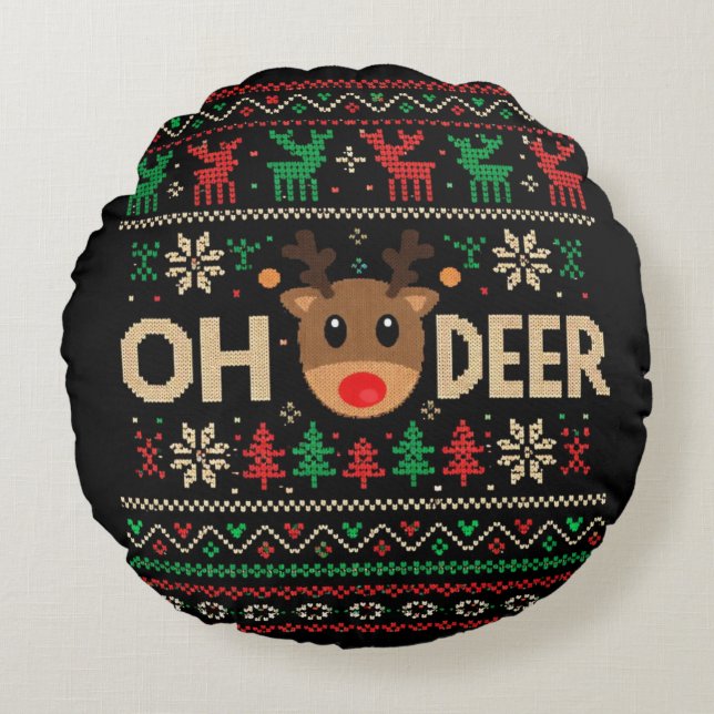 Oh Deer Ugly Christmas Sweater Throw Pillow Rond Kussen (Voorkant)