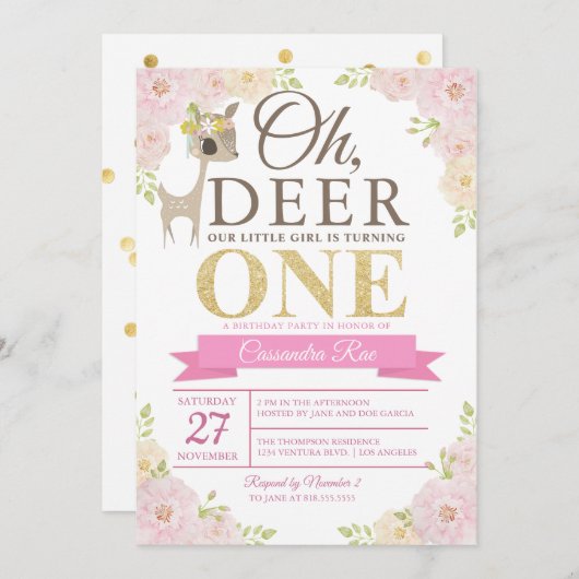 Oh Deer! Uitnodiging eerste verjaardag (Voorkant / Achterkant)