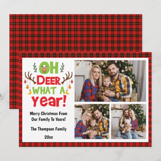 Oh Deer Wat een jaar 2025 3 Familie Foto's Kerstmi Feestdagenkaart (Voorkant / Achterkant)