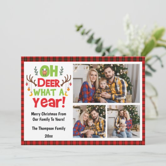 Oh Deer Wat een jaar 2025 3 Familie Foto's Kerstmi Feestdagenkaart (Staand voorkant)