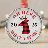Oh Deer Wat een jaar 2025 Buffalo Plaid Kerstmis Metalen Ornament