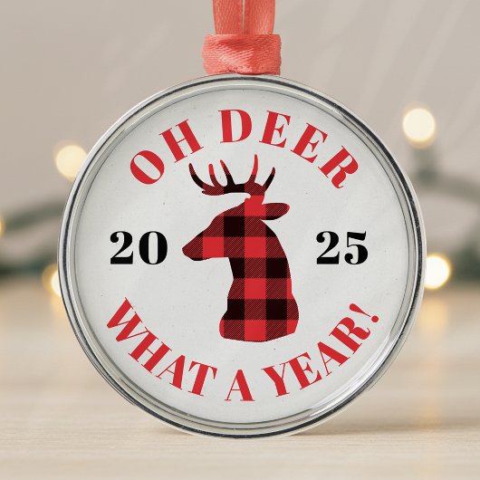 Oh Deer Wat een jaar 2025 Buffalo Plaid Kerstmis Metalen Ornament