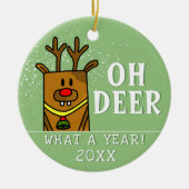 Oh Deer wat een jaar Cartoon Deer Drawing Keramisch Ornament (Voorkant)