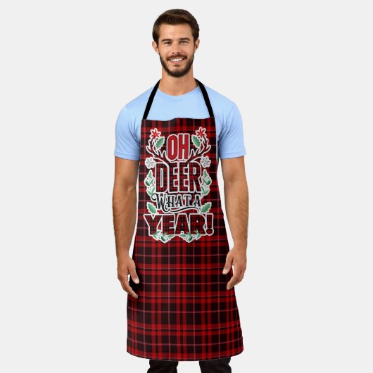 OH DEER Wat een jaar Red Tartan Plaid Vakantie Schort (Gedragen)