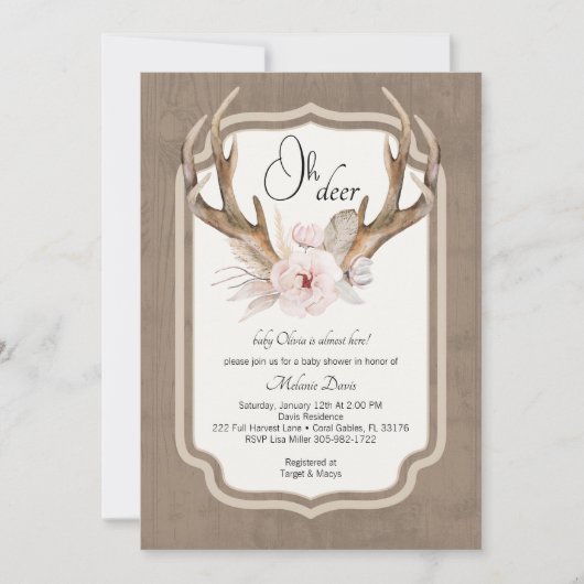 Oh Deer Waterverf Baby shower Invitation – Elegan Kaart (Voorkant)